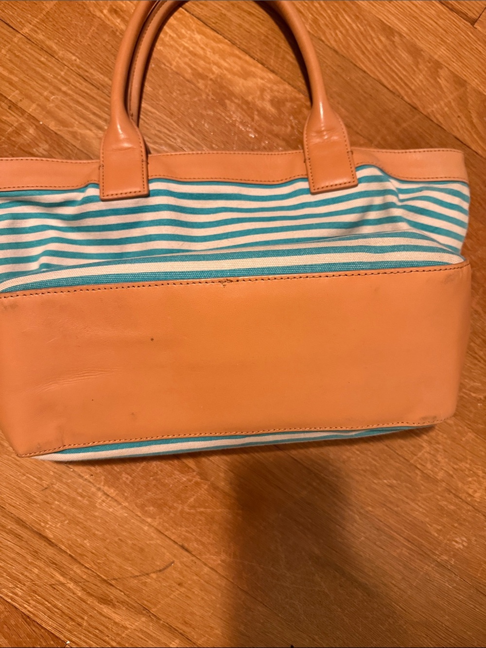 Tory Burch Teal and White Striped Canvas Tote with Tan Leather Trim - Picture 4 of 5